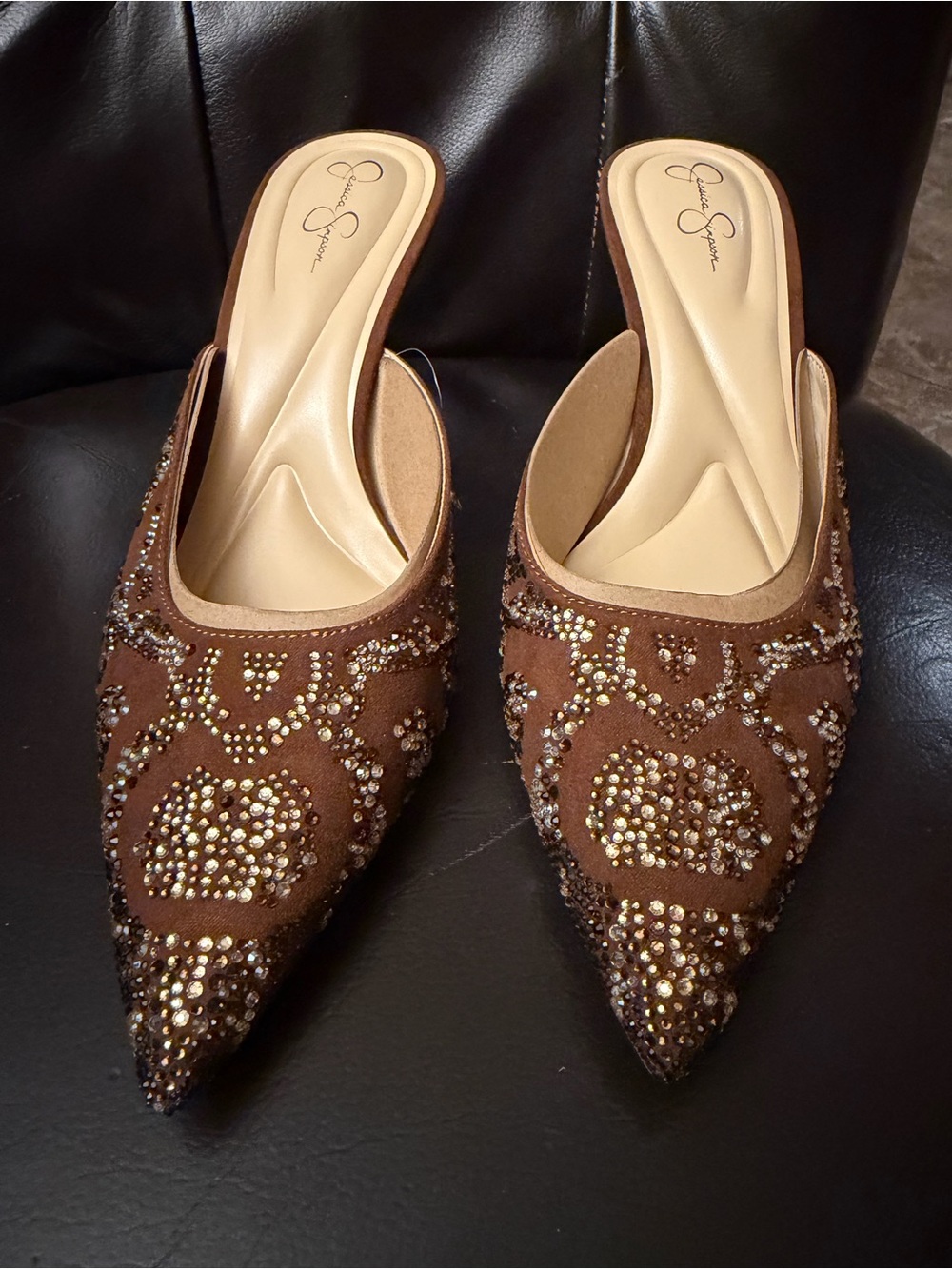 Jessica Simpson Brown Suede Pointed Slip-On Mules with Crystal Accents